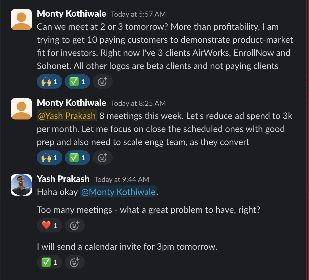 Slack message: eight booked meetings in a single week